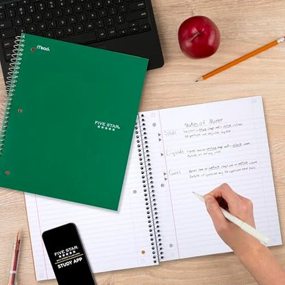 Five Star Spiral Notebook + Study App, 3 Subject, Wide Ruled Paper, 8" x 10-1/2", 150 Sheets, Fights Ink Bleed, Water Resistant Cover, Forest Green (73176) - color: Green, size: 8" x 10-1/2" (Pack of 1)