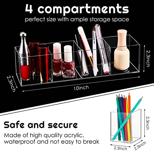 Epakh 2 Pcs 4 Compartment Acrylic Cube Organizer 4 Section Clear Acrylic Pencil Holder Small Drawer Organizer for Makeup Brush Crayon Desk Home Office Back to School Supplies(10 x 2.6 x 2.5 Inches)