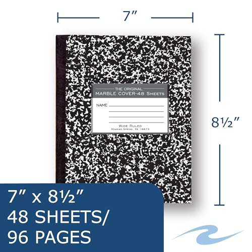 ROARING SPRING Flexible Cover Composition Notebook, Black Marble, Wide Ruled w/Margin, 48 Sheets (96 Pages), 8.5" × 7", Center-Sewn, Made in USA - size: 8.5" x 7" 48 Sheets (Pack of 1), style: 1 Book