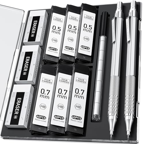 Four Candies 2PCS 0.5mm & 0.7 mm Metal Mechanical Pencils Set, 360PCS Lead Refills, 12 Erasers, Cool Lead Pencil with Case for School Writing, Sketching, Technical Work, Art Projects, Silver - color: Silver