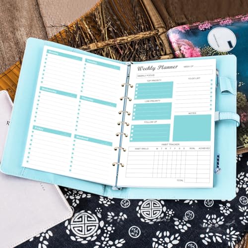 7-Hole Weekly Planner Refills for Mini Binders - 53 Sheets/106 Pages Weekly Planner Paper, 100 gsm White Paper, Lasts 1 Year, Undated, 5.8" x 8.3", Teal - size: 1-Pack, style: 7-Hole/Desk Size 4
