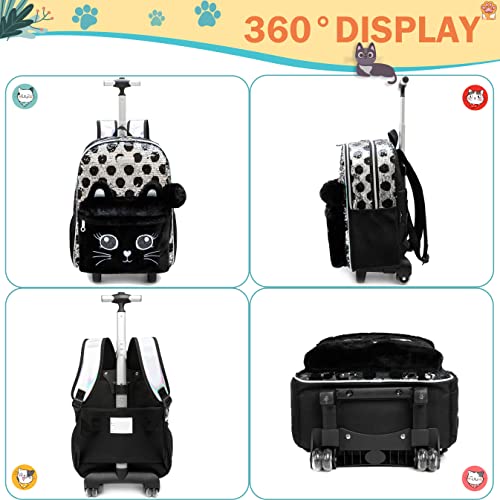Girls Kids Rolling Backpack with Wheels Trolley School Bag Waterproof Travel Luggage for Kids Girls and Students lunch bag Lightweight and Multi functional 5-10 Years Old - color: Black Cat