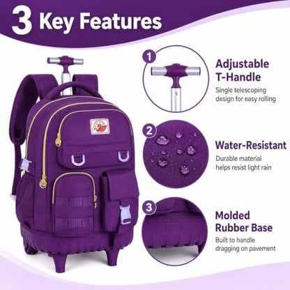 CCJPX 3PCS Rolling Backpack for Girls, Women Roller Bookbag with Lunch Box for Adults, Water Resistant Wheeled School Bag for Teens Kids Travel - Dark Purple - color: Dark Purple
