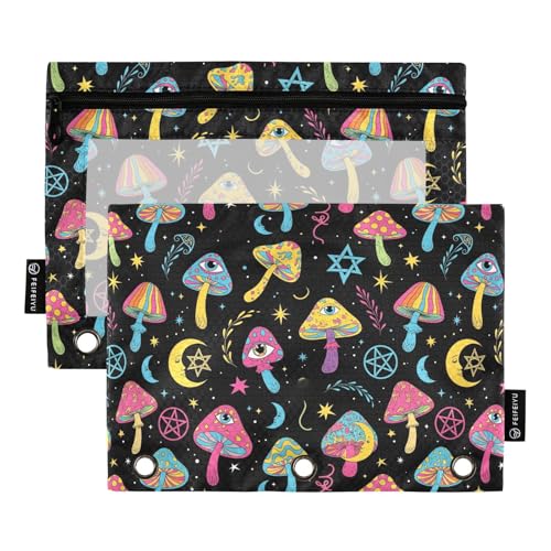 Mushroom Eyes Colorful Pencil Pouch for 3 Ring Binder 2 Pack Binder Pencil Case with Clear Window Pencils Bags with Zipper for Office School College Supplies - color: 23-Mushroom Eyes