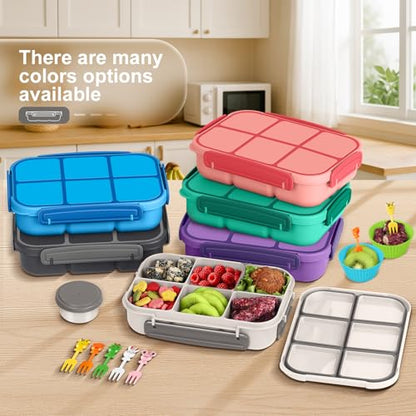 Amathley Lunch Box Kids Girls Boys,Bento Box Adult,Toddler Lunch Containers for School,Leakproof Snack Containers with 6 Compartments,Sauce Container,10 Food Picks and 4 Muffin Cups (White) - color: White