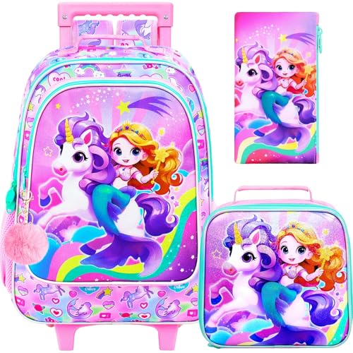 KLFVB Girls Backpack with Wheels, 3PCS Kids Roller Bookbag with Lunch Bag, Wheeled School Bag for Children - Mermaid Unicorn - color: UV Printing Mermaid Unicorn Rolling Backpack
