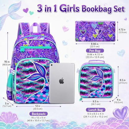 gxtvo 3PCS Girls Backpack, 16" Sequin Prechool Elementary Bookbag and Lunch Box - color: Reversible Sequins Fishtail Clip-on Backpack