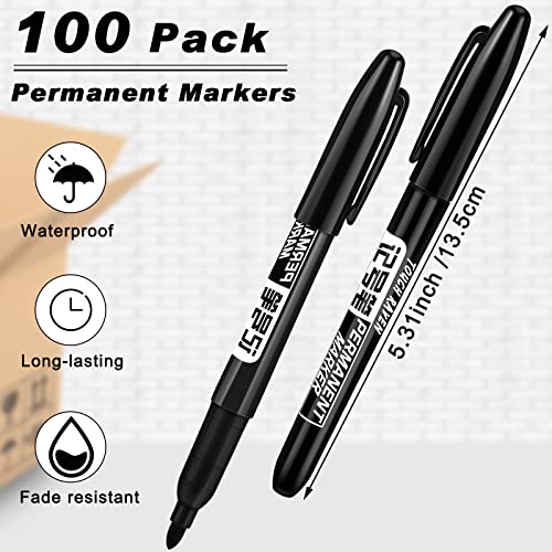 Thenshop 100 Pack Permanent Markers Bulk Black Set Fine Point Marker Pens Waterproof Works on Plastic, Wood, Stone, Metal and Glass