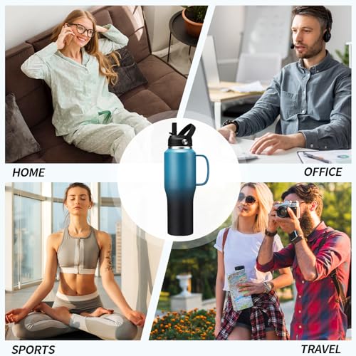 32 40 OZ Insulated Water-Bottle with Handle - Straw & Chug Lid, Strap Carrier Bag & Protective Boot, Stainless Steel Coffee Travel Tumblers, Leak-Proof, Skinny Flask Fit in Car Cup Holder - color: Blue&Black, size: 32 ounces with handle
