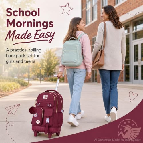CCJPX Rolling Backpack for Girls, 21 inch Women Roller Wheels School Bookbag, Laptop Wheeled Water Resistant Wheeled Bookbag Set - Red - color: Red