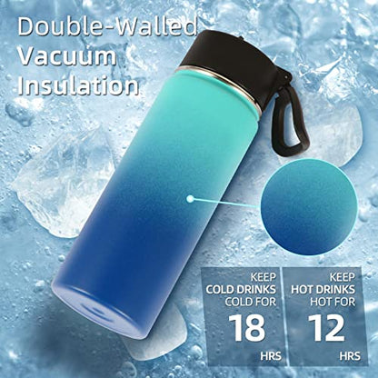 Volhoply 18oz Kids Insulated Water Bottle,Stainless Steel Water Bottles with Straw Lid,Wide Mouth Reusable Metal Water Bottle,Double Wall Vacuum Sports Flask For Cold Drink(Green Blue,1 Set) - color: Green Blue
