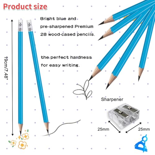 Adhere 25pcs Woodcase Pencils with Eraser Premium Pre-Sharpened Hexagon Graphite 2B pencils ideal for home, office writing including a Free Sharpener - color: Light Blue・25pcs