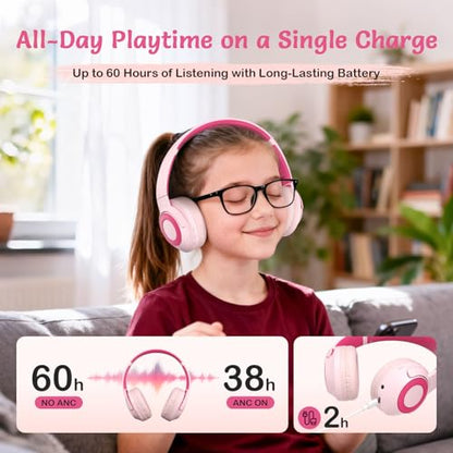TONOSHARK Kids Bluetooth Headphones with ANC, Wireless Over-Ear Headset for Boys and Girls, Foldable & Adjustable, Ideal for School, Travel and Online Learning(Light Pink) - color: Pink