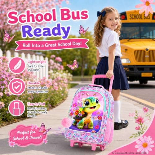 gxtvo Girls Rolling Backpack, Cute Turtle Roller Wheels Kids Bookbag - Wheeled Elementary School Bag - 3PCS Turtle - color: Uv Printing Flower Turtle Rolling Backpack