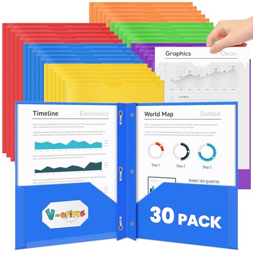 V-Opitos 30 Pack 2 Pocket Plastic Folders with 3 Prongs & Clear Front Pocket, Bulk Heavy Duty Folder with Fastener Clasps, Multicolor Folders for School and Office