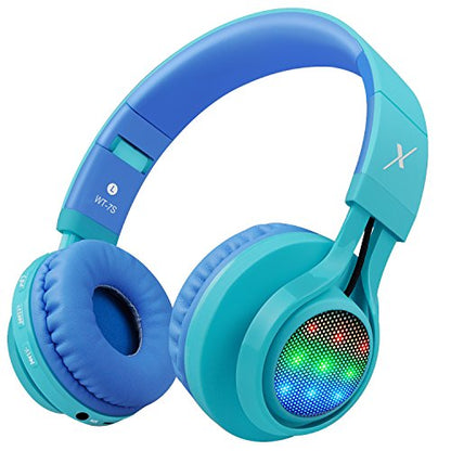 Riwbox WT-7S Kids Bluetooth Headphones, LED Light Up Wireless Foldable Stereo Headset with Microphone and Volume Control for PC/Tablet/TV/Travel (Blue) - color: Blue&Green