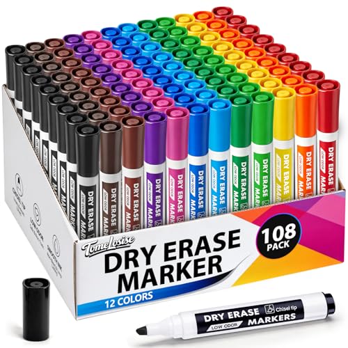 Dry Erase Markers Bulk,108 Count Whiteboard Markers in 12 Colors, Chisel Tip Wipe Clean Low Odor Dry Erase Pens for Office, Classroom, Home, Back to School Supplies - color: Multicolor