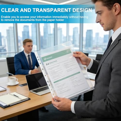 A4 Punched Pocket, 100 Pack Premium Clear Sheet Protectors 11.97 x 9.25in, 11-Hole Plastic Page Protectors Sheet Top Loaded, Paper Sheets Document Sleeve for 2/3/4 Ring Binder (Color:Transparent)