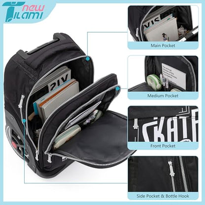 NEW TILAMI 19 inch Rolling Backpack Teens Rolling Backpack Cute Wheeled Laptop Backpack Bookbag Roller Travel Bag College, Skate Board - color: Black Skate Board