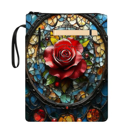 Padded Book Sleeve with Zipper & Front Pocket, Fabric Book Cover | Stained Glass Red Rose Cross11.4"x8.7" Washable Canvas Pouch for Hardcovers, Tablets & Reading Accessories - color: Stained Glass Red Rose Cross