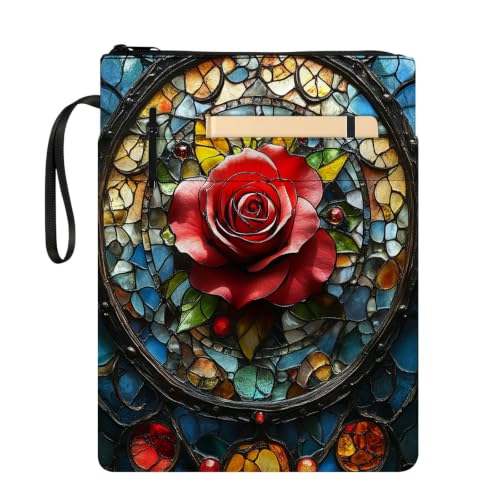 Padded Book Sleeve with Zipper & Front Pocket, Fabric Book Cover | Stained Glass Red Rose Cross11.4"x8.7" Washable Canvas Pouch for Hardcovers, Tablets & Reading Accessories - color: Stained Glass Red Rose Cross