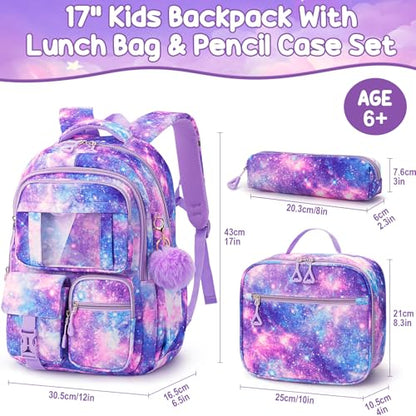 Fimibuke Girls Backpack with Lunch Box & Pencil Bag - Waterproof Kids Backpack for Ages 6+ Elementary Middle School Teens, Roomy Interior & Multi-Pocket - color: A8.Purple Starry Sky