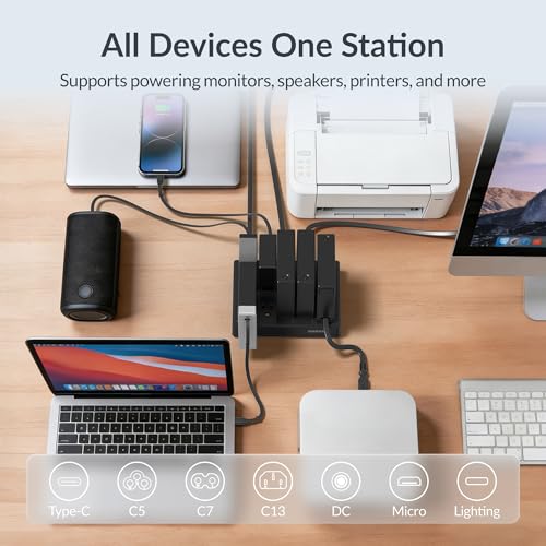 Gitryin Modular Laptop Charging Station, 3*140W, 2*40W Retractable Lightning, Micro USB, USB C Chargers, 1 Lightning, 1 Micro USB, 1 USB A, 7 USB C Ports with Cooling Power Strip, 500W Charging Hub