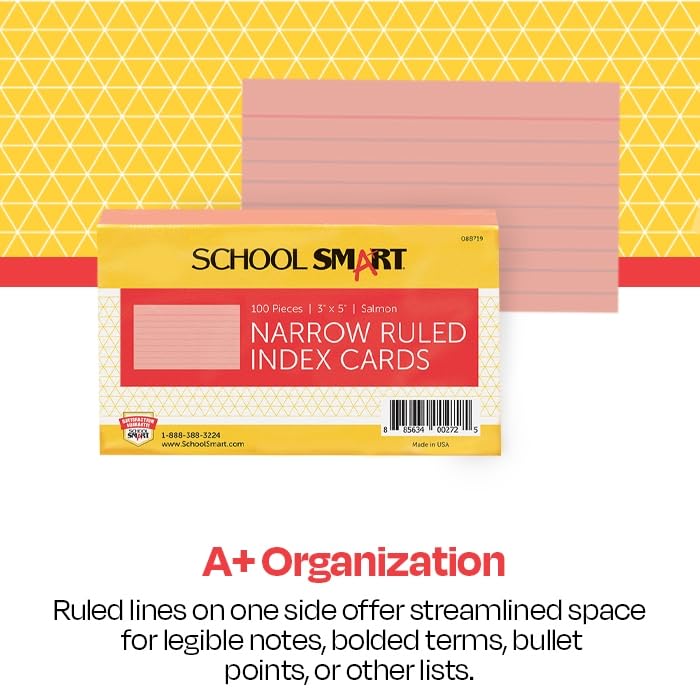 School Smart Ruled Index Cards, 3 x 5 Inches, Salmon, Pack of 100 - color: Salmon, size: 3 x 5 Inches