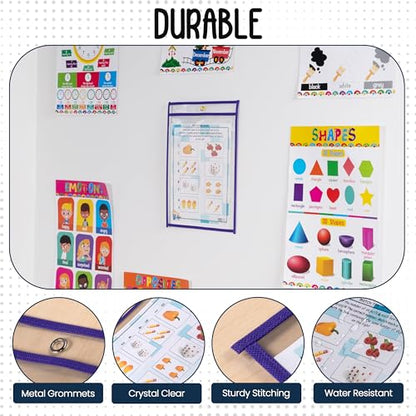 Essex Wares - 6 Pack, Purple, Dry Erase Pocket Document Protectors, 10" Wide x 13.5" Tall - Dry Erase Clear Plastic Sleeves - Reusable & Easy Erase Plastic Invoice Holders, Water-Resistant & Durable - color: Purple