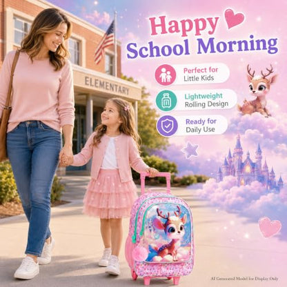 gxtvo Girls Rolling Backpack, Cute Deer Roller Wheels Kids Bookbag - Wheeled Elementary School Bag - 3PCS Deer - color: Uv Printing Clouds Sika Deer Rolling Backpack