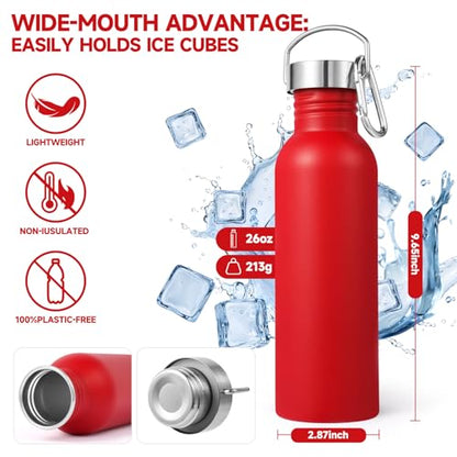 Volhoply 26oz Uninsulated Single Walled Water Bottle, Stainless Steel Reusable Water Bottles with Handle & Carabiner, BPA Free Wide Mouth Water Bottles for Gym Sports Camping（Red,1） - color: Red