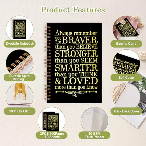 2Pcs Spiral Journal Notebook for Women Men, A5 Motivational Journal with 100 Pages, College Ruled Hardcover Notebook for Office School Home, Inspirational Gifts Encouragement Gifts - color: Black