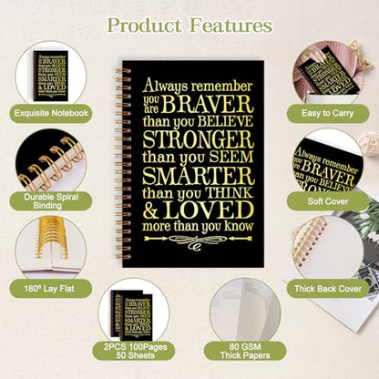 2Pcs Spiral Journal Notebook for Women Men, A5 Motivational Journal with 100 Pages, College Ruled Hardcover Notebook for Office School Home, Inspirational Gifts Encouragement Gifts - color: Black