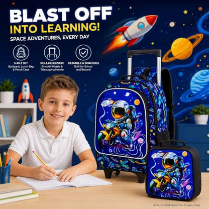 HPJGD 3PCS Astronaut Rolling Backpack for Boys, Kids School Backpacks with Wheels, Water Resistant UV Printed Roller Wheeled Bookbag Set - color: Boys Motorbike Astronauts Rolling Backpack Blue