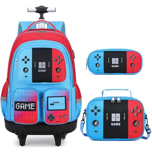 Jafeton Rolling Backpack for Boys, 3 PCS Gamer Boy Backpack Set with Lunch Box & Pencil Pouch, Roller Wheels School bag for Boys Kids Teens, Elementary Middle School, Kids Bookbag Casual Daypack - color: Red Blue