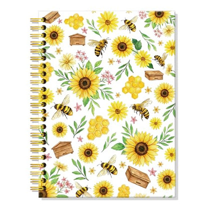 ERHACHAIJIA Sunflower & Bee Hardcover 160 Pages Lined Spiral Notebook, Funny Floral Ruled Journal for Women Flower Lover Bee Lover, Writing and Meditation Notebook Gifts, Mother's Day Birthday Gifts - color: Yellow-Brown