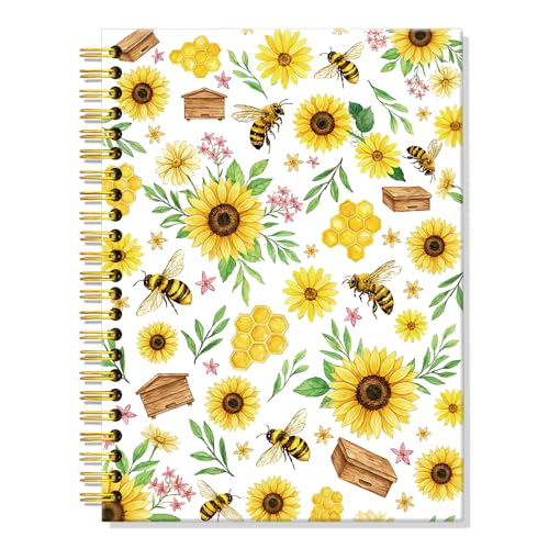 ERHACHAIJIA Sunflower & Bee Hardcover 160 Pages Lined Spiral Notebook, Funny Floral Ruled Journal for Women Flower Lover Bee Lover, Writing and Meditation Notebook Gifts, Mother's Day Birthday Gifts - color: Yellow-Brown
