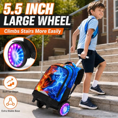 AGSDON Quiet Rolling Backpack with Lunch Box Set – Large Luminous Wheel Water‑Resistant Wheeled Bag for School, Outings, and Travel | Fire-Lightning Dinosaur 3‑Piece Organizer Backpack - color: Large Luminous Wheel Rolling Fire-lightning Dino