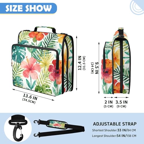 Tropical Flowers Leaves Zipper Binder with 2 Inch D-Rings Expandable File Portfolio with Shoulder Strap, Waterproof Nylon Organizer for 14" Laptop for Work College Travel
