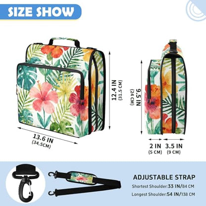 Tropical Flowers Leaves Zipper Binder with 2 Inch D-Rings Expandable File Portfolio with Shoulder Strap, Waterproof Nylon Organizer for 14" Laptop for Work College Travel