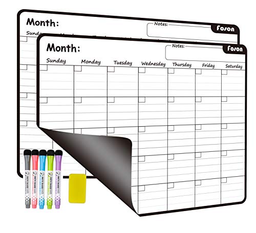 Magnetic Dry Erase Monthly Calendar, White and Black, 2 Pack | 0.8mm thick magnet, stainproof PET, 10000 erases, 2-pack calendar kit with markers, eraser, bookmarks, eco fridge planner - color: Monthly White&black X 2pcs