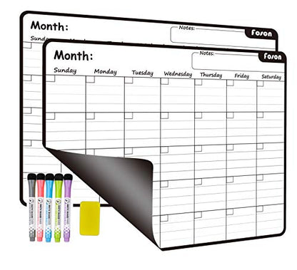 Magnetic Dry Erase Monthly Calendar, White and Black, 2 Pack | 0.8mm thick magnet, stainproof PET, 10000 erases, 2-pack calendar kit with markers, eraser, bookmarks, eco fridge planner - color: Monthly White&black X 2pcs