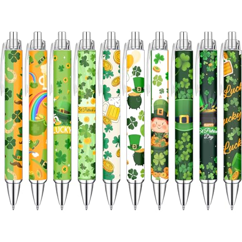 Idealmuzik Green Theme Ballpoint Pens Set of 10 – Shamrock & Lucky Clover Design with Smooth Black Ink – Inspired Pens for Office, Home, Party Favors, and Gifts - style: St. Patrick's Day