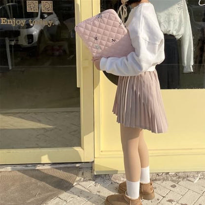 Cute Puffy Laptop Sleeve 13 Inch, Quilted Protective Case with Bow Embroidery, Coquette Y2K Preppy Kawaii Aesthetic Bag for 13” 14" Mac-Book & Laptops - color: Light Pink-Bow