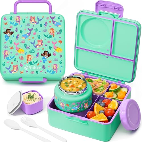 Fimibuke Bento Lunch Box for Kids Adult, 3-4 Compartment 60OZ Toddler Lunch Box Container with Leakproof 8OZ Insulated Food Jar, Sauce Jar, Utensil for School Boys Girls, BPA-Free Dishwasher Safe - color: B6.Underwater Mermaid