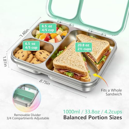 Stainless Steel Bento Lunch Box, 34oz/1000ml Leak Proof Metal Container, Lightweight 3mm Ultra-Narrow Bezel with Tritan Lid for Kids & Adults, 3-Compartment, BPA/BPS Free, Dishwasher Safe, Green - color: Green, size: 34oz/1000ml