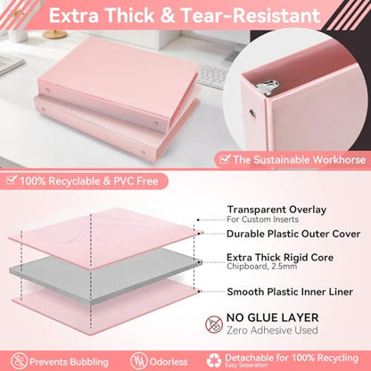 SUIN 1 Inch 3 Ring Binder, Clear 1'' View Presentation Binders with 2 Pockets, Fits 8.5 x 11 Letter Size, Durable Polypropylene, Non-Stick & PVC-Free for School, Office & Home (Brushed Pink) - color: Brushed Pink