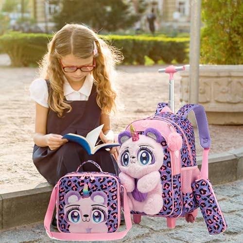 Meetbelify Rolling Backpack for Girls Backpack with Wheels for Elementary Student Kids School Bag with Lunch Box Pencil Case for Girls Ages 6-8 Years Old - color: Purple