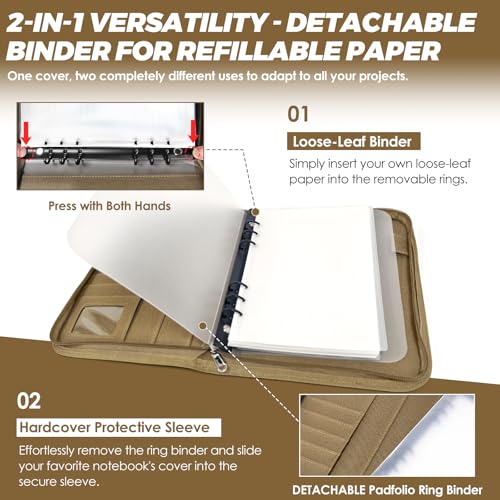 Tactical Notebook Cover, A5 Padfolio 6 Ring Binder with Big Back Pocket & Hand Strap, Zippered Hardcase Planner for Journal, College, Office, Field (Khaki, A5(7.3 x 10 inches)) - color: Khaki, size: A5