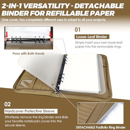 Tactical Notebook Cover, A5 Padfolio 6 Ring Binder with Big Back Pocket & Hand Strap, Zippered Hardcase Planner for Journal, College, Office, Field (Khaki, A5(7.3 x 10 inches)) - color: Khaki, size: A5